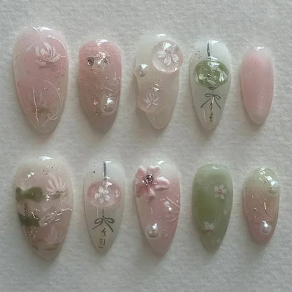 24Pcs Pink Almond False Nails Sweet Summer Fake Nail Cute Flowers Pearl Nails Press Ons Colorful Monet Press on Nails for Girls