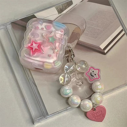 Korean Cute 3D Pink Star Wavy Border Headphones Case For AirPods 1 2 3 With Love Heart Bead Pendant Soft Cover For AirPods Pro 2