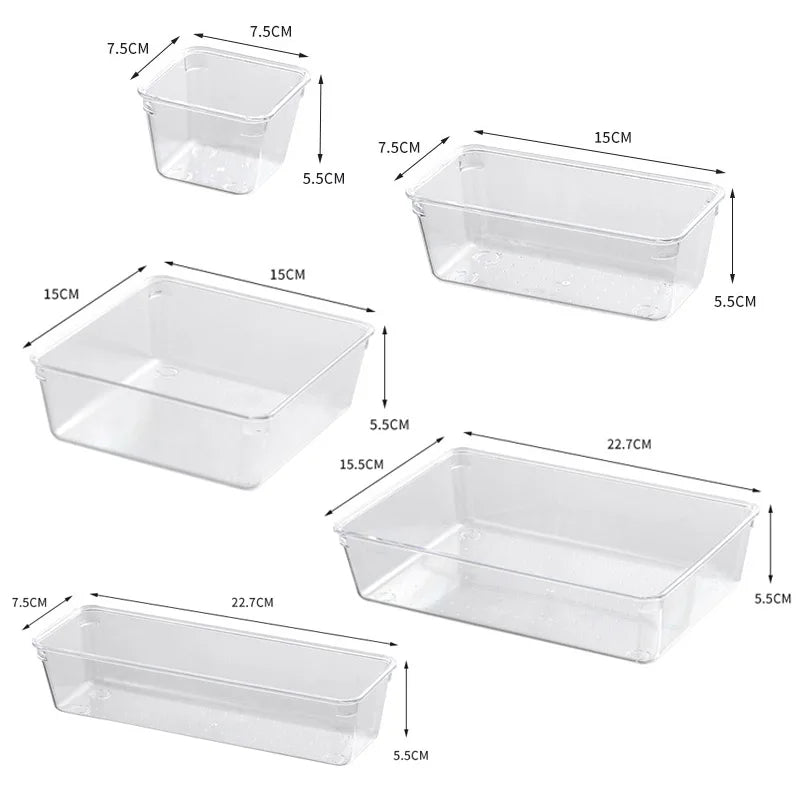 4/7-Piece Versatile Drawer Organizer Set - Clear Plastic Trays and Dividers in 4 Sizes for Perfect Makeup and Kitchen Storage