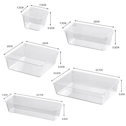 4/7-Piece Versatile Drawer Organizer Set - Clear Plastic Trays and Dividers in 4 Sizes for Perfect Makeup and Kitchen Storage