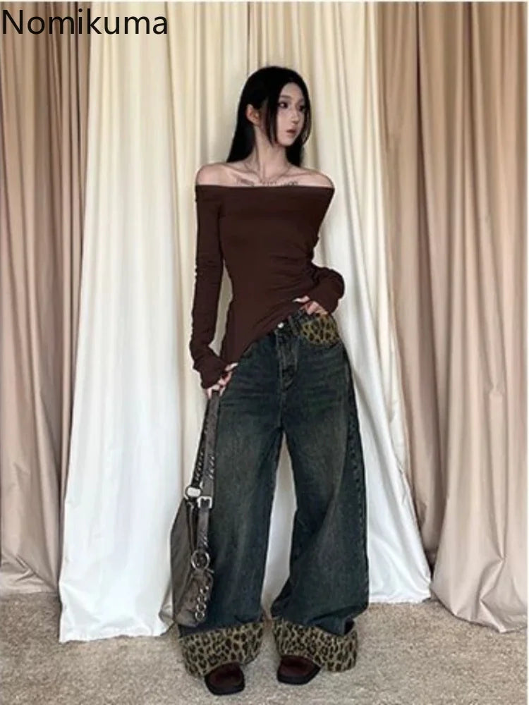 Retro Leopard Print Y2k Jeans for Women Harajuku Wide Leg Pants 2025 New Bottoms Denim Trousers Casual Straight Fashion Trousers