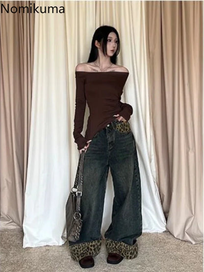 Retro Leopard Print Y2k Jeans for Women Harajuku Wide Leg Pants 2025 New Bottoms Denim Trousers Casual Straight Fashion Trousers
