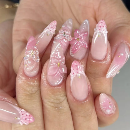 24Pcs Pink Almond False Nails Butterfly Ballet with French Design Wearable Fake Nails Simple Artificial Press on Nails Tips Art