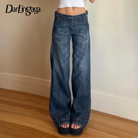 Darlingaga Fashion Washed Buttons Jeans For Women Loose Low Rise Basic Trousers Chic Style Pockets Straight Leg Denim Pants New