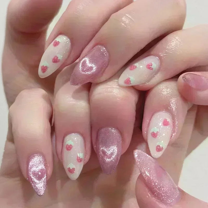 24Pcs Pink Almond False Nails Sweet Summer Fake Nail Cute Flowers Pearl Nails Press Ons Colorful Monet Press on Nails for Girls