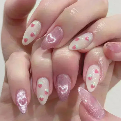 24Pcs Pink Almond False Nails Sweet Summer Fake Nail Cute Flowers Pearl Nails Press Ons Colorful Monet Press on Nails for Girls