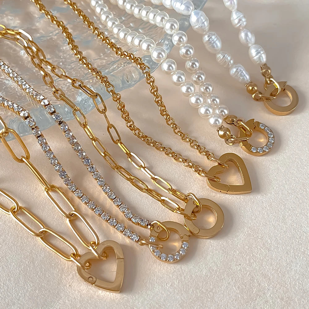 eManco Charm Necklace Heart Lock Link Pearl Chain for Handmade DIY Pendant Accessory Stainless Steel Women's Waterproof Jewelry