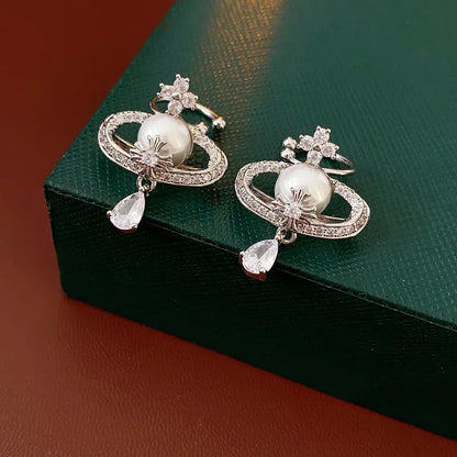 Zircon Water Drop Pearl Earring for Women French Retro No Ear Hole Clip Earrings Light Luxury Wedding Bride Jewelry