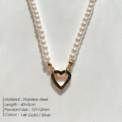eManco Charm Necklace Heart Lock Link Pearl Chain for Handmade DIY Pendant Accessory Stainless Steel Women's Waterproof Jewelry