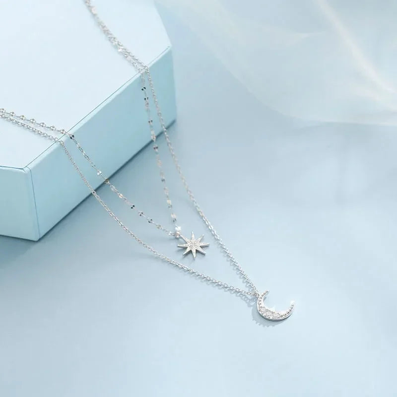 925 Silver Necklace for Women Double Layer Zircon Star Moon Pendant Necklace Delicate Chain Charm Elegant Fashion Jewelry Gifts