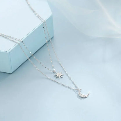 925 Silver Necklace for Women Double Layer Zircon Star Moon Pendant Necklace Delicate Chain Charm Elegant Fashion Jewelry Gifts