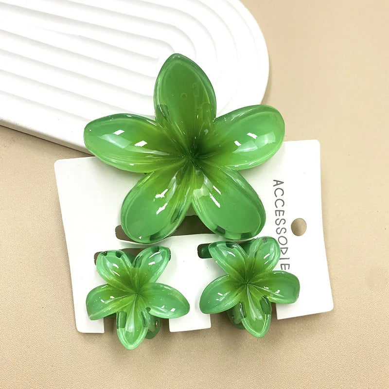 3Pcs Sweet Colorful Plumeria Flower Shark Clip Hair Claw Bohemian Ponytail Clip Plastic Hairpin Barrette Summer Hair Accessories