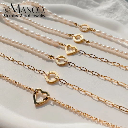 eManco Charm Necklace Heart Lock Link Pearl Chain for Handmade DIY Pendant Accessory Stainless Steel Women's Waterproof Jewelry