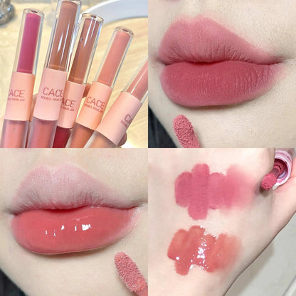 CACE Double Head Lip Gloss Sexy Red Lip Makeup Lip Mud Mirror Water Gloss Lip Glaze Matte Lipstick Waterproof Korean Cosmetics