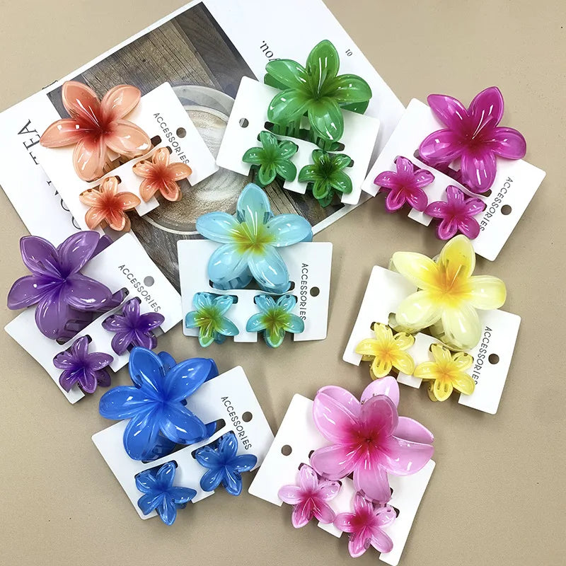 3Pcs Sweet Colorful Plumeria Flower Shark Clip Hair Claw Bohemian Ponytail Clip Plastic Hairpin Barrette Summer Hair Accessories