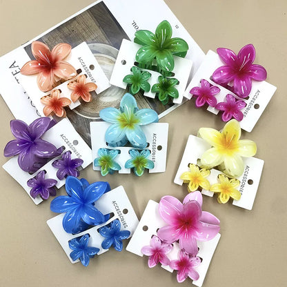 3Pcs Sweet Colorful Plumeria Flower Shark Clip Hair Claw Bohemian Ponytail Clip Plastic Hairpin Barrette Summer Hair Accessories
