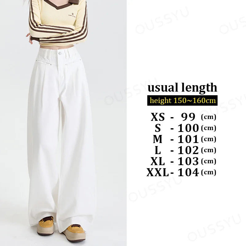 Woman Jeans High Waist Wide Leg Cotton Denim Clothing Design Sense Straight Pant Fashion Comfort White Retro Blue Casual Trouser