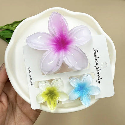 3Pcs Sweet Colorful Plumeria Flower Shark Clip Hair Claw Bohemian Ponytail Clip Plastic Hairpin Barrette Summer Hair Accessories