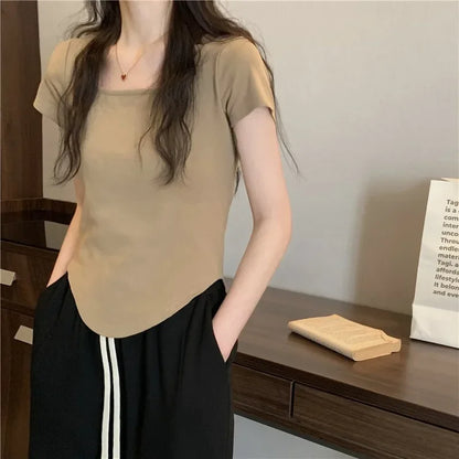 2025 Summer New Korean Style Short Sleeve Women's T-shirt Slimming U-neck Top Direct From Manufacturer Slimming Design Women's