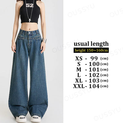 Woman Jeans High Waist Wide Leg Cotton Denim Clothing Design Sense Straight Pant Fashion Comfort White Retro Blue Casual Trouser