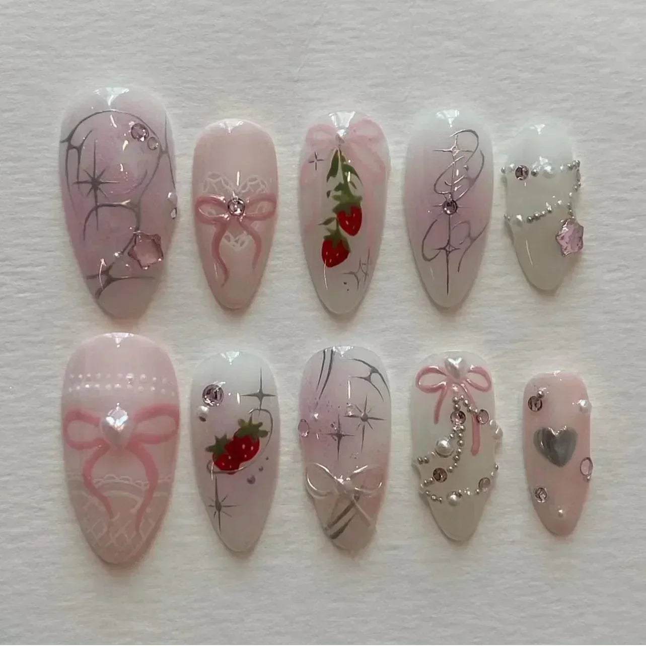 24Pcs Pink Almond False Nails Sweet Summer Fake Nail Cute Flowers Pearl Nails Press Ons Colorful Monet Press on Nails for Girls