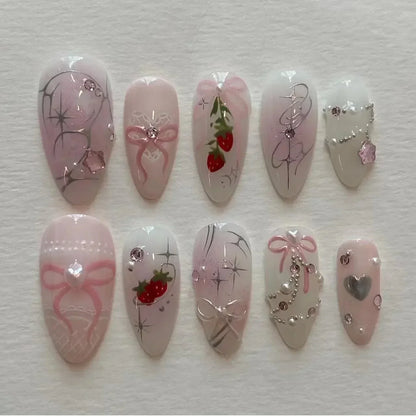 24Pcs Pink Almond False Nails Sweet Summer Fake Nail Cute Flowers Pearl Nails Press Ons Colorful Monet Press on Nails for Girls