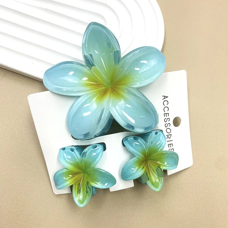 3Pcs Sweet Colorful Plumeria Flower Shark Clip Hair Claw Bohemian Ponytail Clip Plastic Hairpin Barrette Summer Hair Accessories