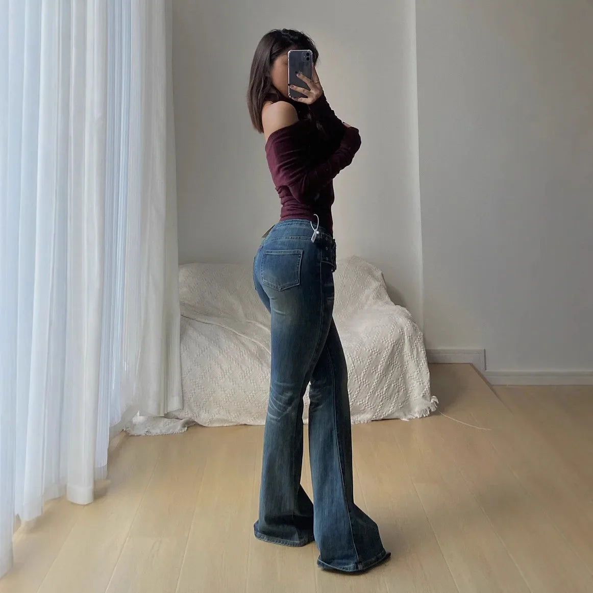 Low Waist Slimming Fashionable Design Jeans Bell Bottoms Washed Elastic Denim Micro Flared Trousers Versatile Stylish 2025