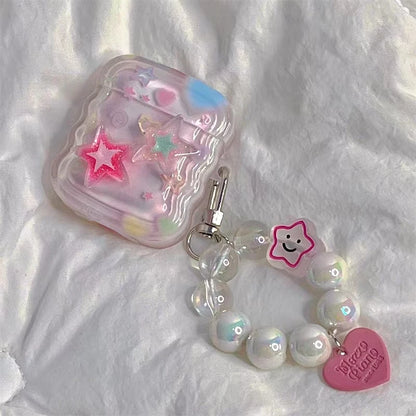 Korean Cute 3D Pink Star Wavy Border Headphones Case For AirPods 1 2 3 With Love Heart Bead Pendant Soft Cover For AirPods Pro 2