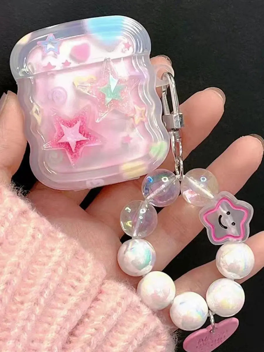 Korean Cute 3D Pink Star Wavy Border Headphones Case For AirPods 1 2 3 With Love Heart Bead Pendant Soft Cover For AirPods Pro 2
