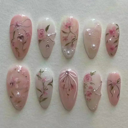 24Pcs Pink Almond False Nails Sweet Summer Fake Nail Cute Flowers Pearl Nails Press Ons Colorful Monet Press on Nails for Girls