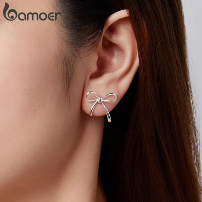 BAMOER Solid 925 Sterling Silver Bow Stud Earrings for Women Hypoallergenic Daily Party Gift Trendy Silver Jewelry SCE1924