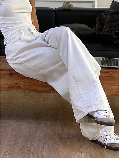 2025 New Loose Jeans Fashion Women High Waist Pocket White Solid Retro Wide Leg Denim Pants Casual Office Lady Commute Trousers