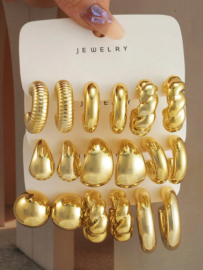 18 Pcs/Set Large C-Shape Teardrop Hoop Earrings for Women Fashion Gold Color Exaggerated Twist Earring Daily Wear Jewelry Gifts
