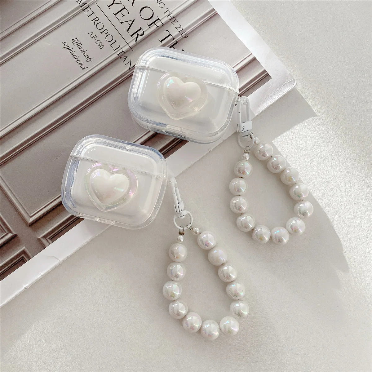 Simple Laser Pearl Heart Earphone Case for AirPods 2 Pro 3 Generation Headset Charging Box Protect Cover for Air Pods Keychain