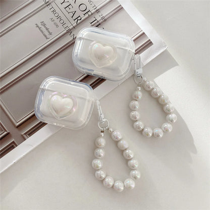 Simple Laser Pearl Heart Earphone Case for AirPods 2 Pro 3 Generation Headset Charging Box Protect Cover for Air Pods Keychain