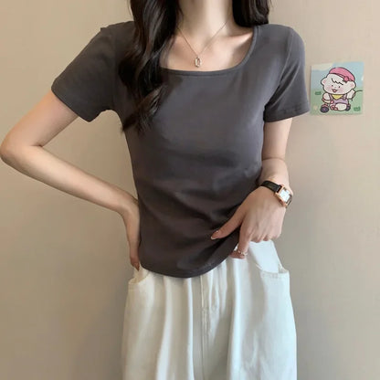 2025 Summer New Korean Style Short Sleeve Women's T-shirt Slimming U-neck Top Direct From Manufacturer Slimming Design Women's
