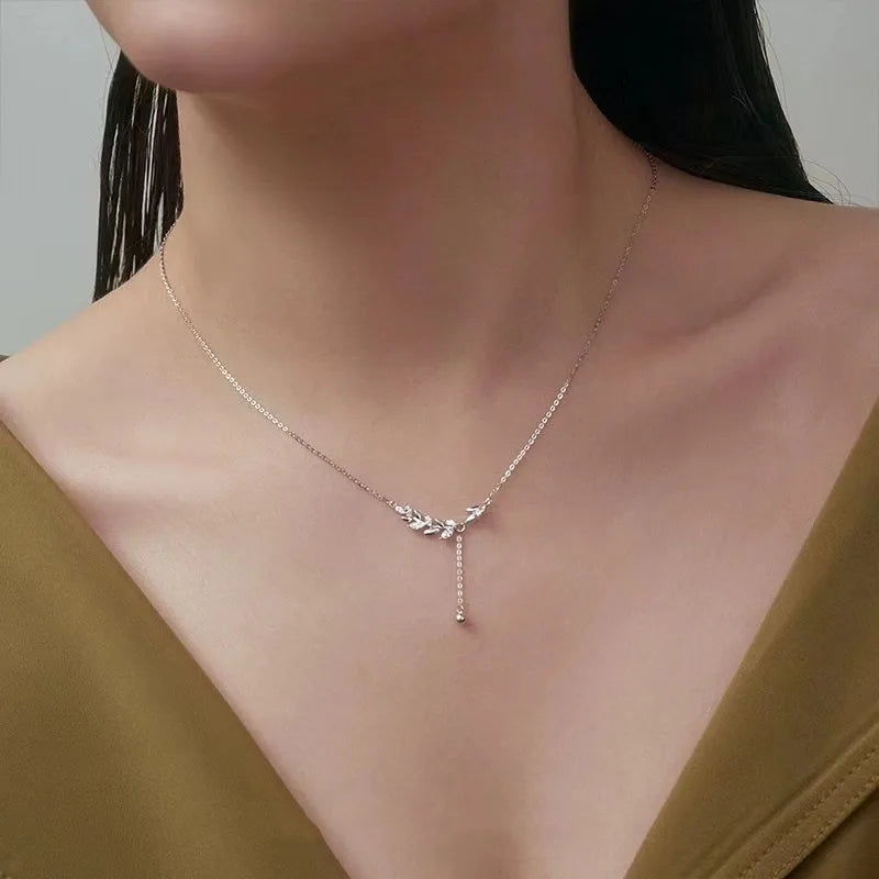 925 Sterling Silver Tree Branch Necklace Simple Charm Zirconia Botanical Pendant Choker Birthday Party Gift Ladies Fine Jewelry