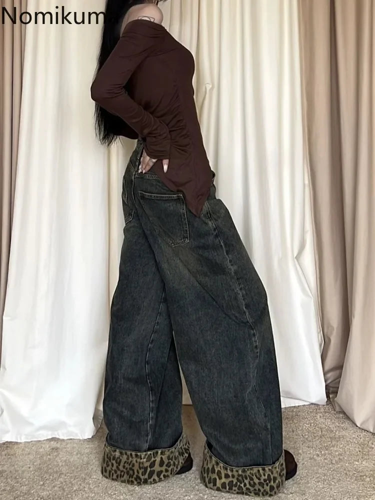 Retro Leopard Print Y2k Jeans for Women Harajuku Wide Leg Pants 2025 New Bottoms Denim Trousers Casual Straight Fashion Trousers