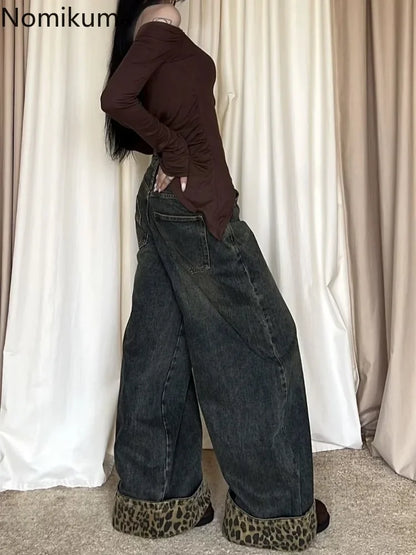 Retro Leopard Print Y2k Jeans for Women Harajuku Wide Leg Pants 2025 New Bottoms Denim Trousers Casual Straight Fashion Trousers