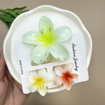 3Pcs Sweet Colorful Plumeria Flower Shark Clip Hair Claw Bohemian Ponytail Clip Plastic Hairpin Barrette Summer Hair Accessories