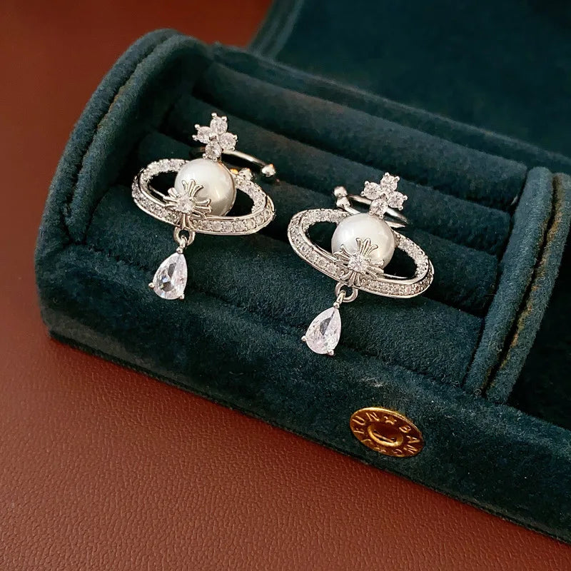 Zircon Water Drop Pearl Earring for Women French Retro No Ear Hole Clip Earrings Light Luxury Wedding Bride Jewelry