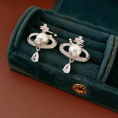 Zircon Water Drop Pearl Earring for Women French Retro No Ear Hole Clip Earrings Light Luxury Wedding Bride Jewelry