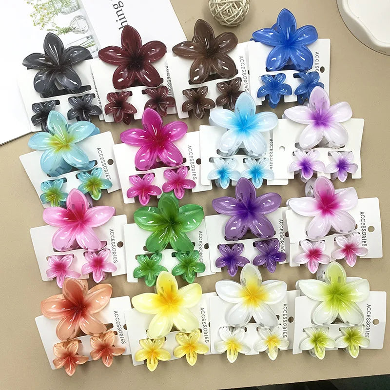3Pcs Sweet Colorful Plumeria Flower Shark Clip Hair Claw Bohemian Ponytail Clip Plastic Hairpin Barrette Summer Hair Accessories