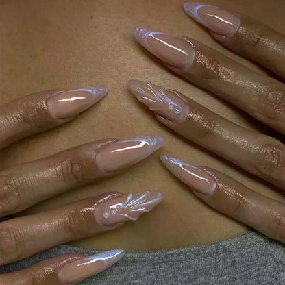 24Pcs Pink Almond False Nails Sweet Summer Fake Nail Cute Flowers Pearl Nails Press Ons Colorful Monet Press on Nails for Girls