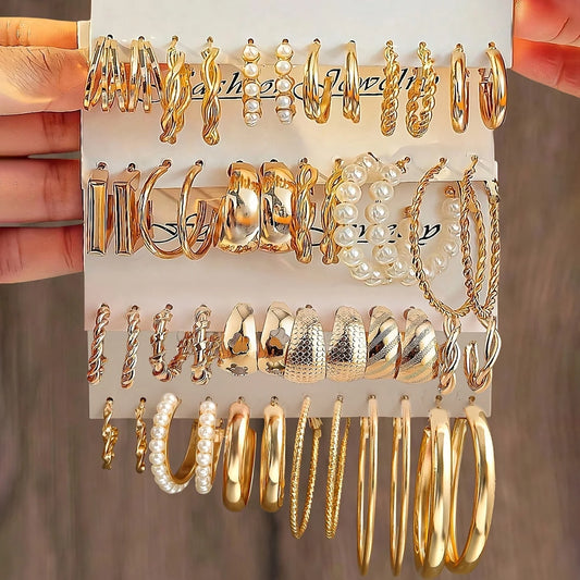 Fashion Geometric Hoop Earring Twisted Pattern Multi-Element Inlaid Imitation Pearl C-shaped Earring Women's Daily Party Jewelry